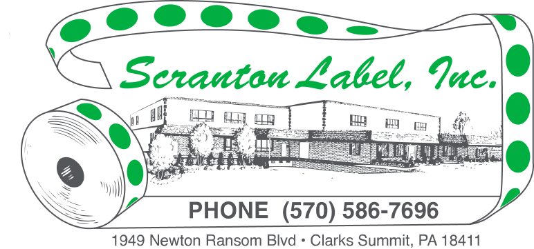 Sketched design of a building face and surrounding terrain with the words 'Scranton Label Inc.' on it in green.